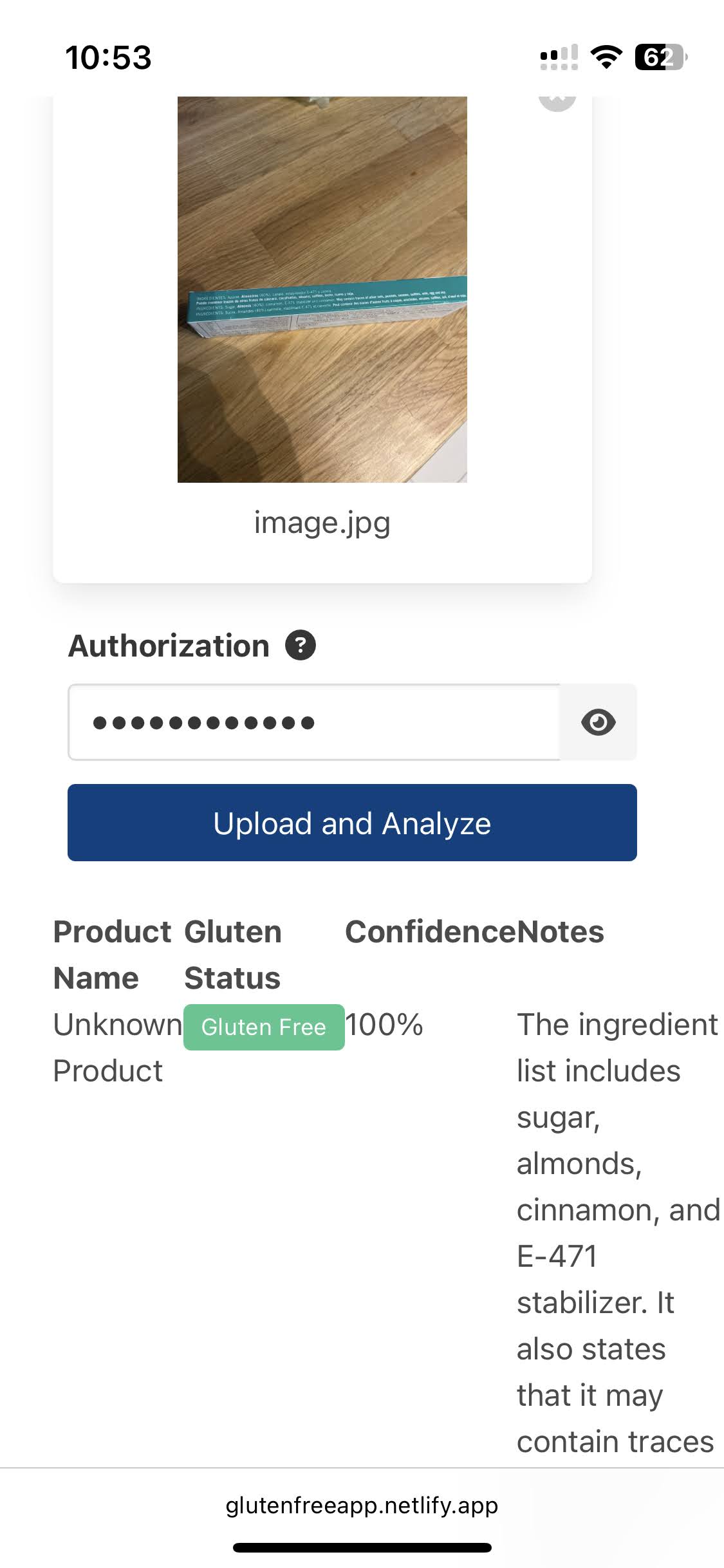 Snack bar ingredient list